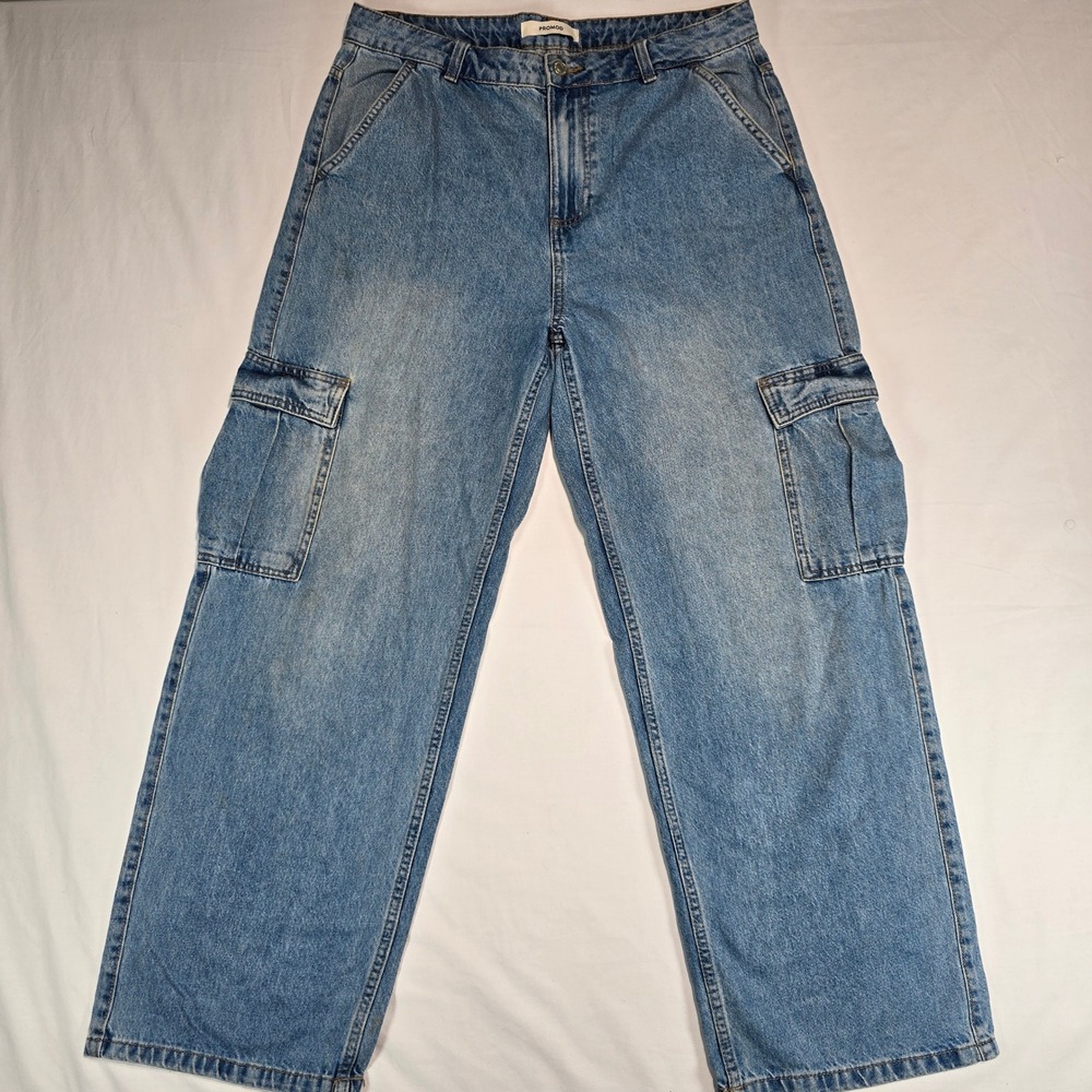 Promod Womens Light Wash Wide Leg Cargo Jeans Blue Denim Size UK 12 EUR 40‎